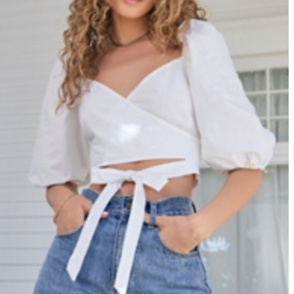 White Puff Sleeve Cropped Wrap Top